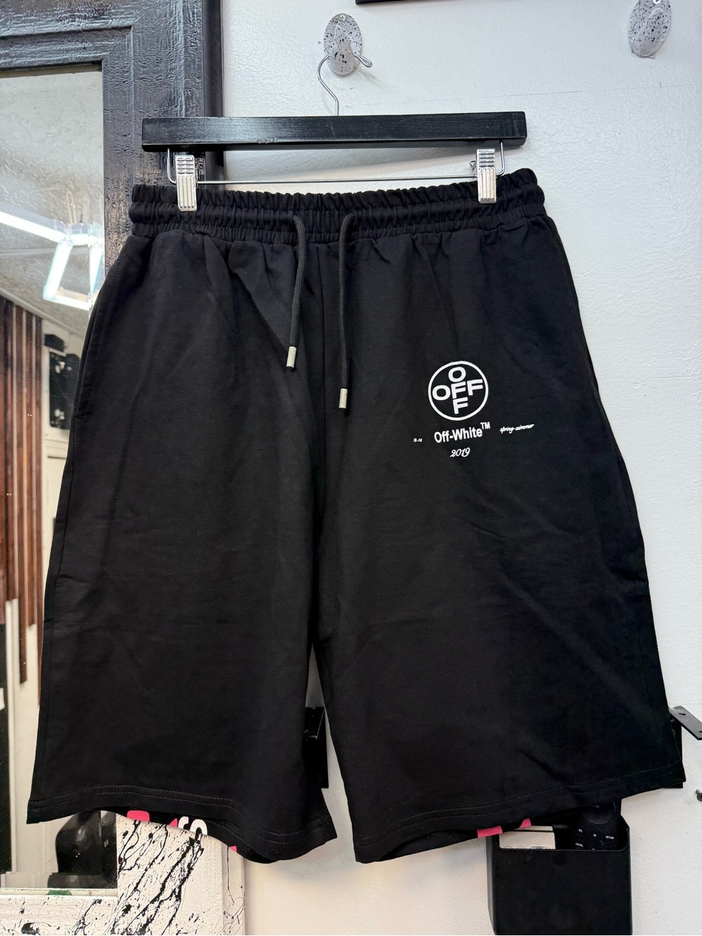 Off-White Black Athletic Shorts with Pink Graphic '99'